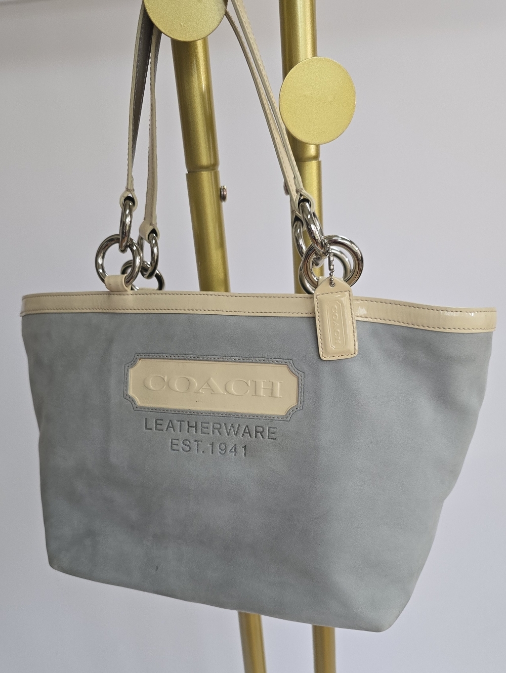 COACH Light Blue Suede Shoulder Purse with Cream Trim Hampton